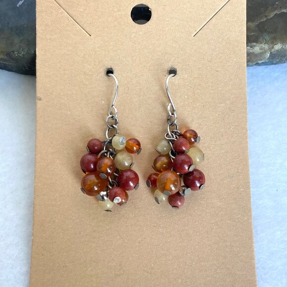 Sterling Silver 925 Beaded Red Jasper Multi-stone Dangle Drop Earrings - Picture 6 of 16